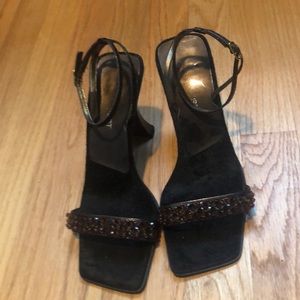 Nine West brown patent leather beaded heels.